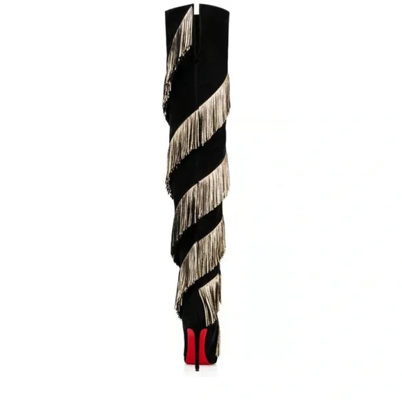 Christian Louboutin Bolcheva Black and Gold Fringe thigh high Boots 40EU/(9) NEW - Picture 5 of 11